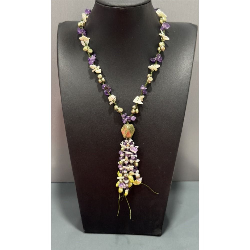 Freshwater Pearl Purple Stone Chips Mother of Pearl Tassel Necklace Toggle